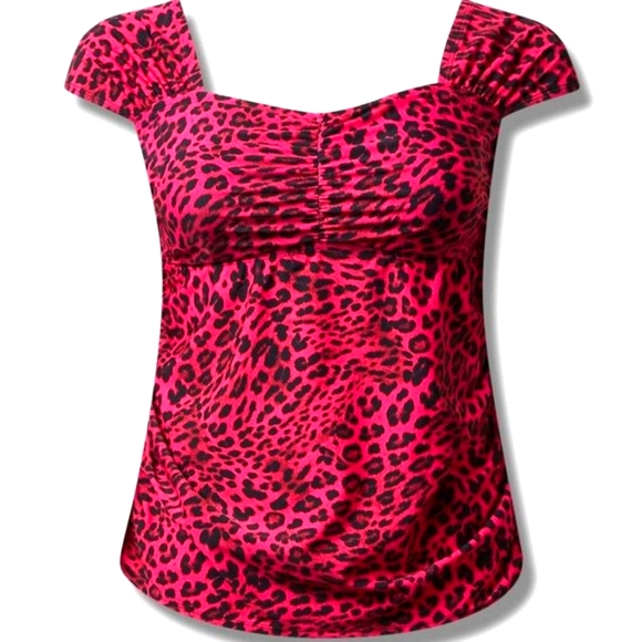 ❤️NWT VINTAGE TORRID SWIM TANKINI TOP RETRO STYLE CAP SLEEVE RUCHED PINK LEOPARD - Picture 12 of 14